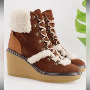 See by Chloe Shearling-Lined Wedge Hiker Booties in Brown Snow